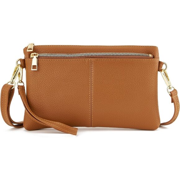 ⚡Women\'s Lightweight Brown Triple Zip Vegan Leather Clutch Wristlet Bag